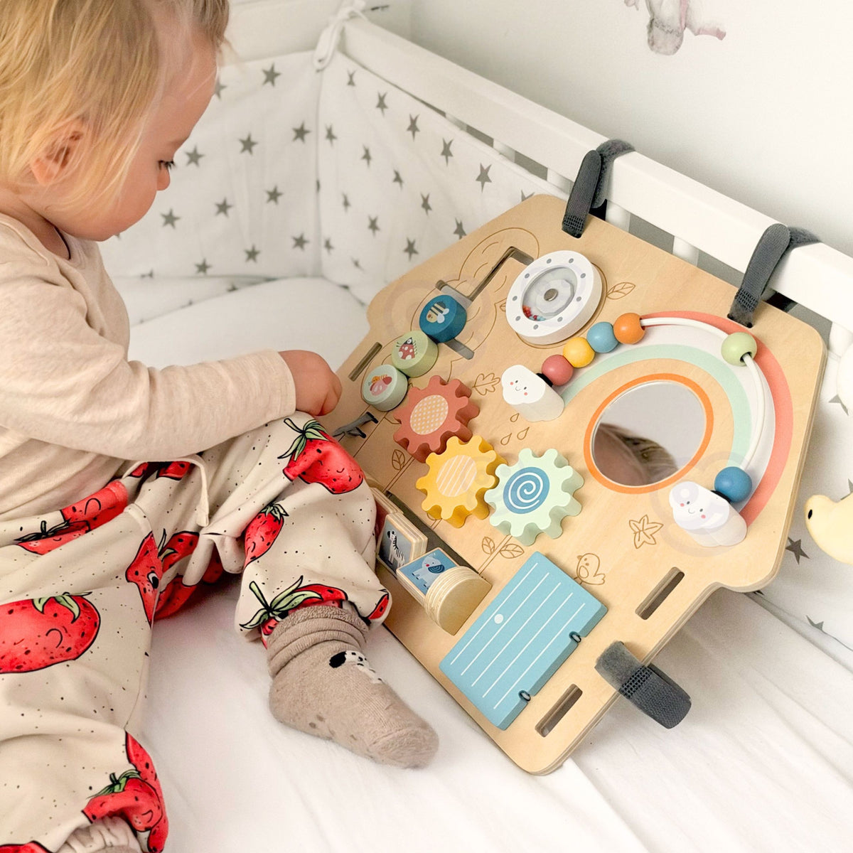 Wooden activity board – soft pastel colours for toddlers 12M+