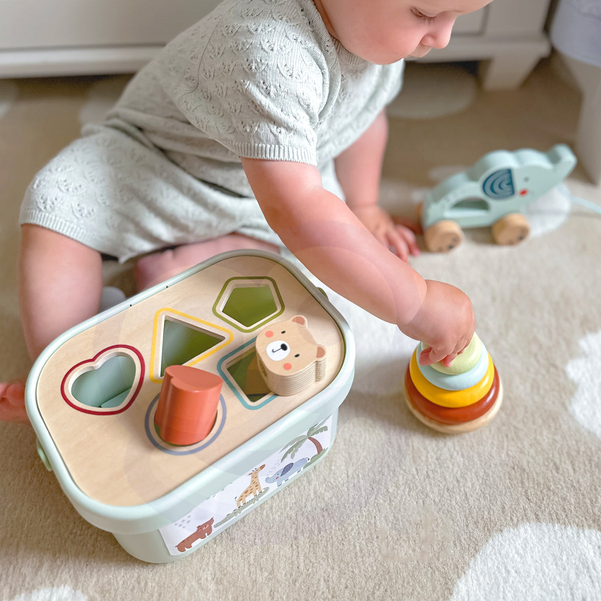 Wooden shape sorter box with a handle and rounded edges