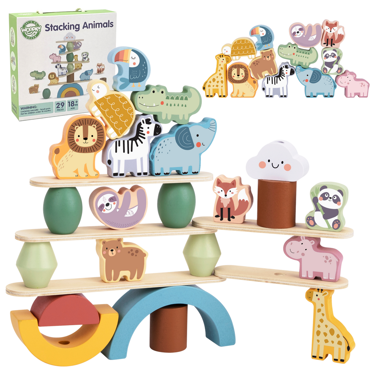 Woopie Green wooden balancing animals stacking game, FSC wood