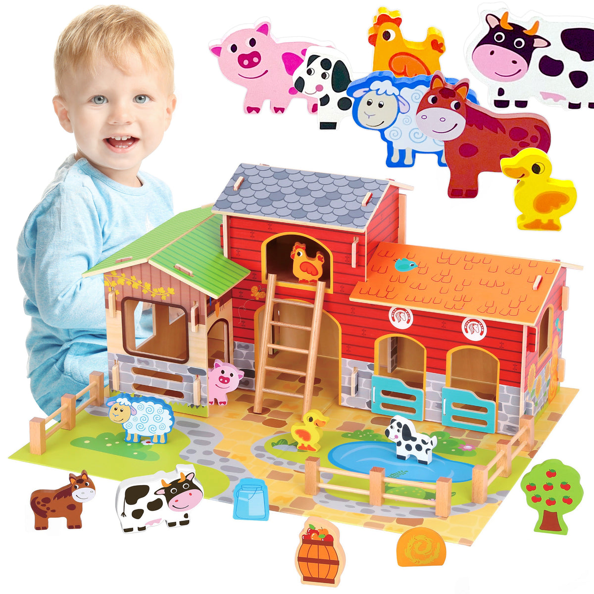 Woopie Green wooden mega farm with barn, stable and animals
