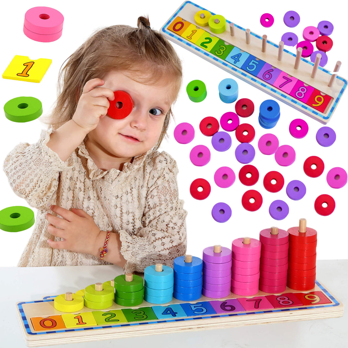 Woopie Green wooden counting and colours sorter, numbers 1–10