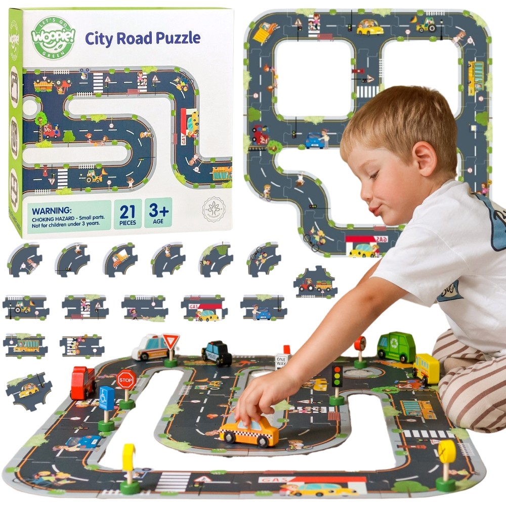 Woopie Green wooden road puzzle track for toy cars, 21 pieces