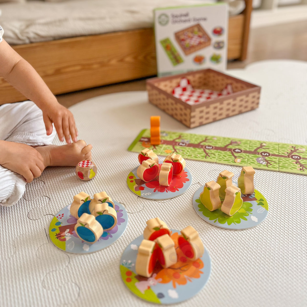 Squirrel board game – 12 colourful wooden fruits and a basket