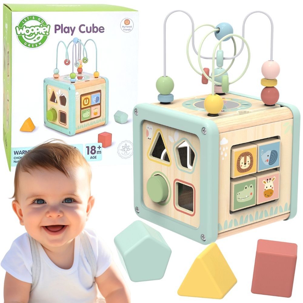 Woopie Green pastel wooden activity cube with shape sorter