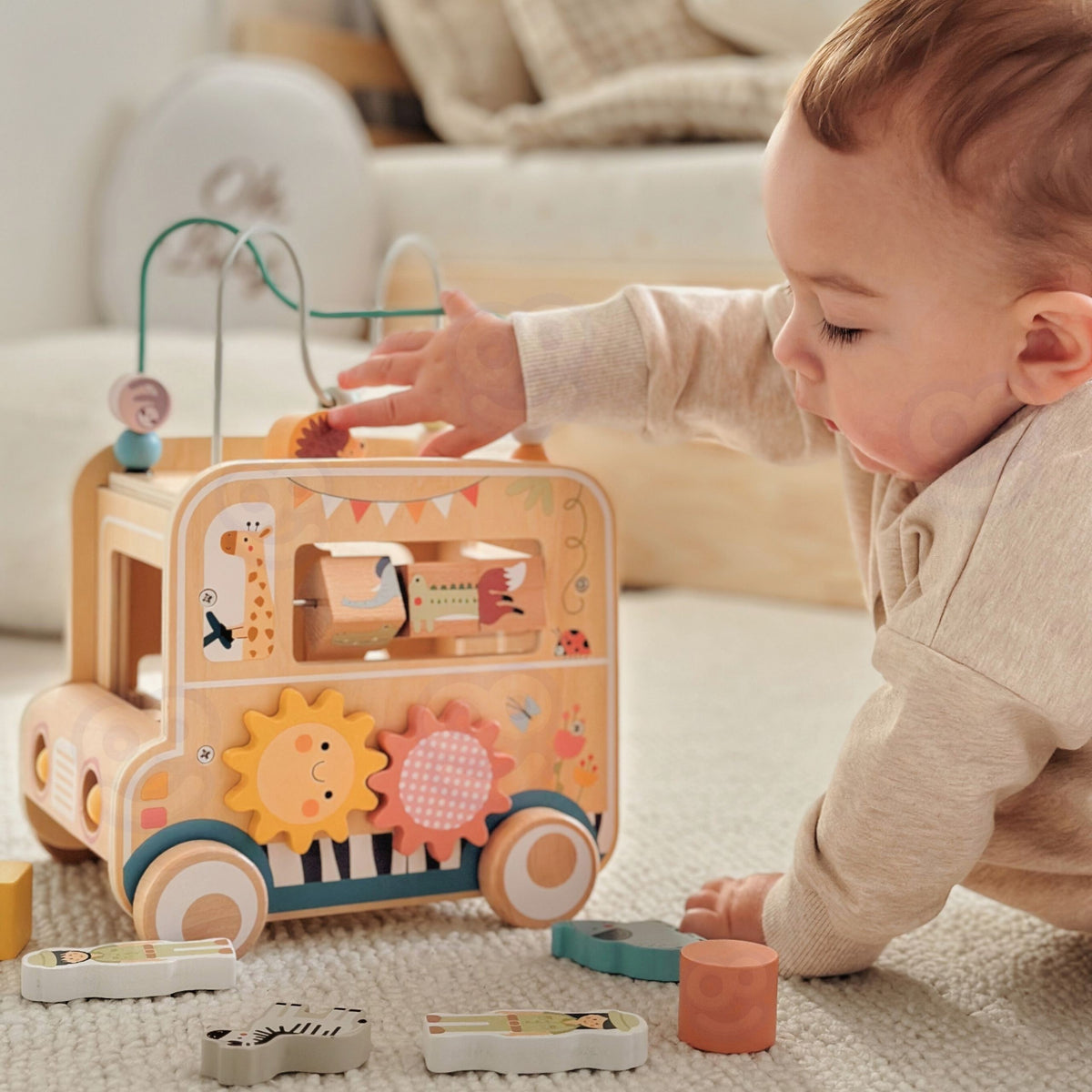 Wooden activity cube – removable bead maze with colourful beads