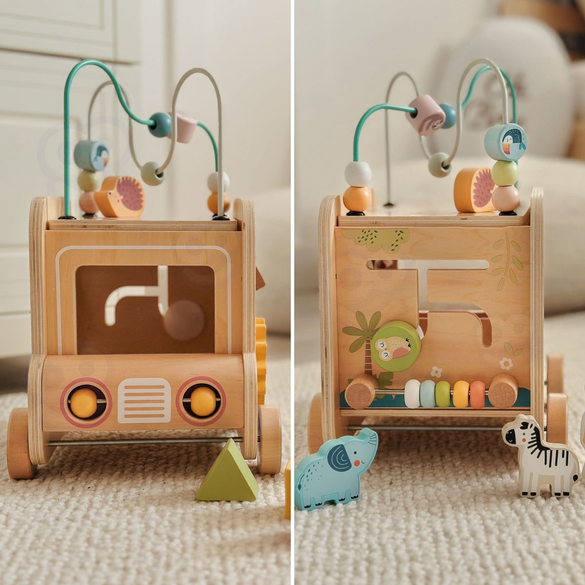 Wooden activity cube – safari guide and animal figures for play