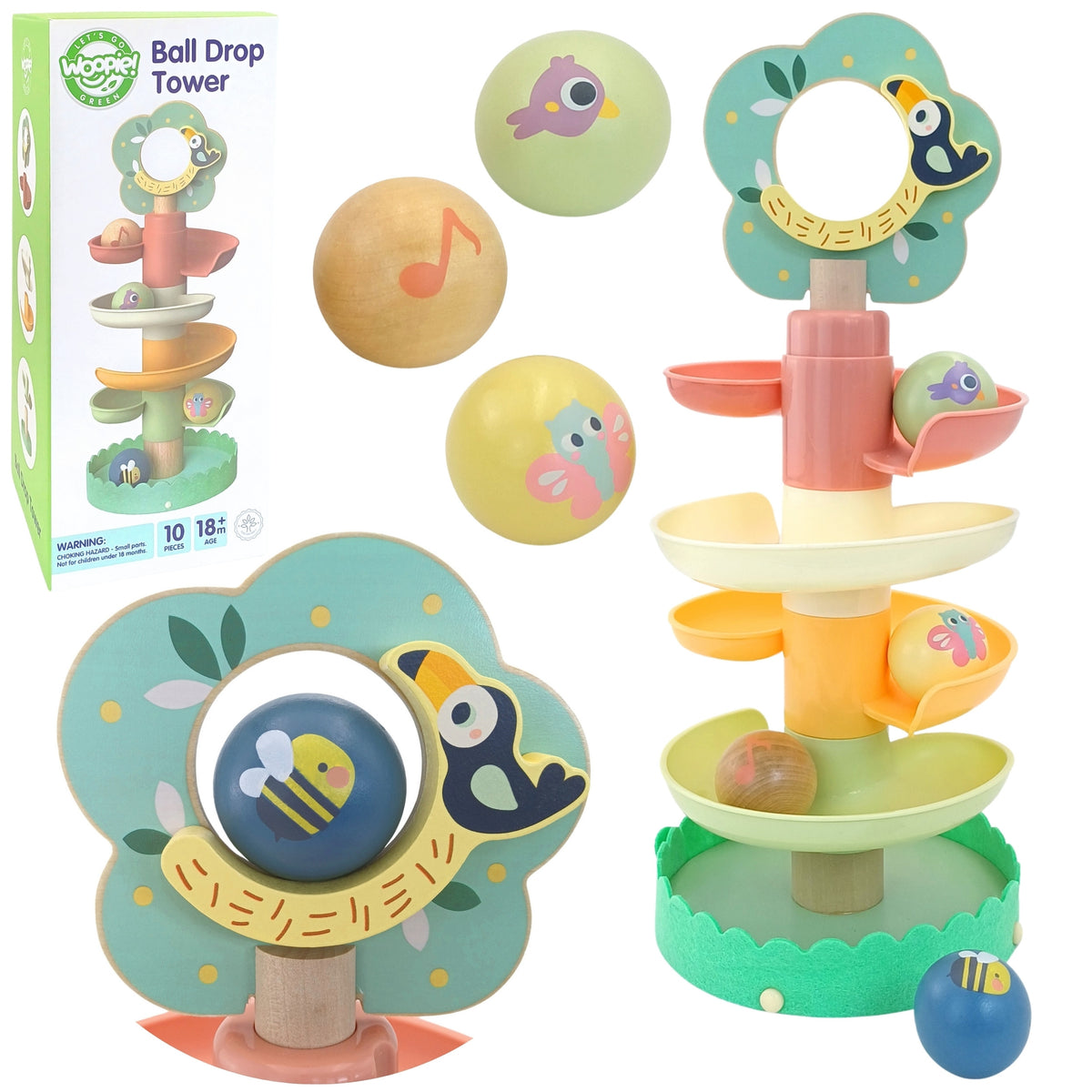Woopie Green wooden spiral ball track with forest theme