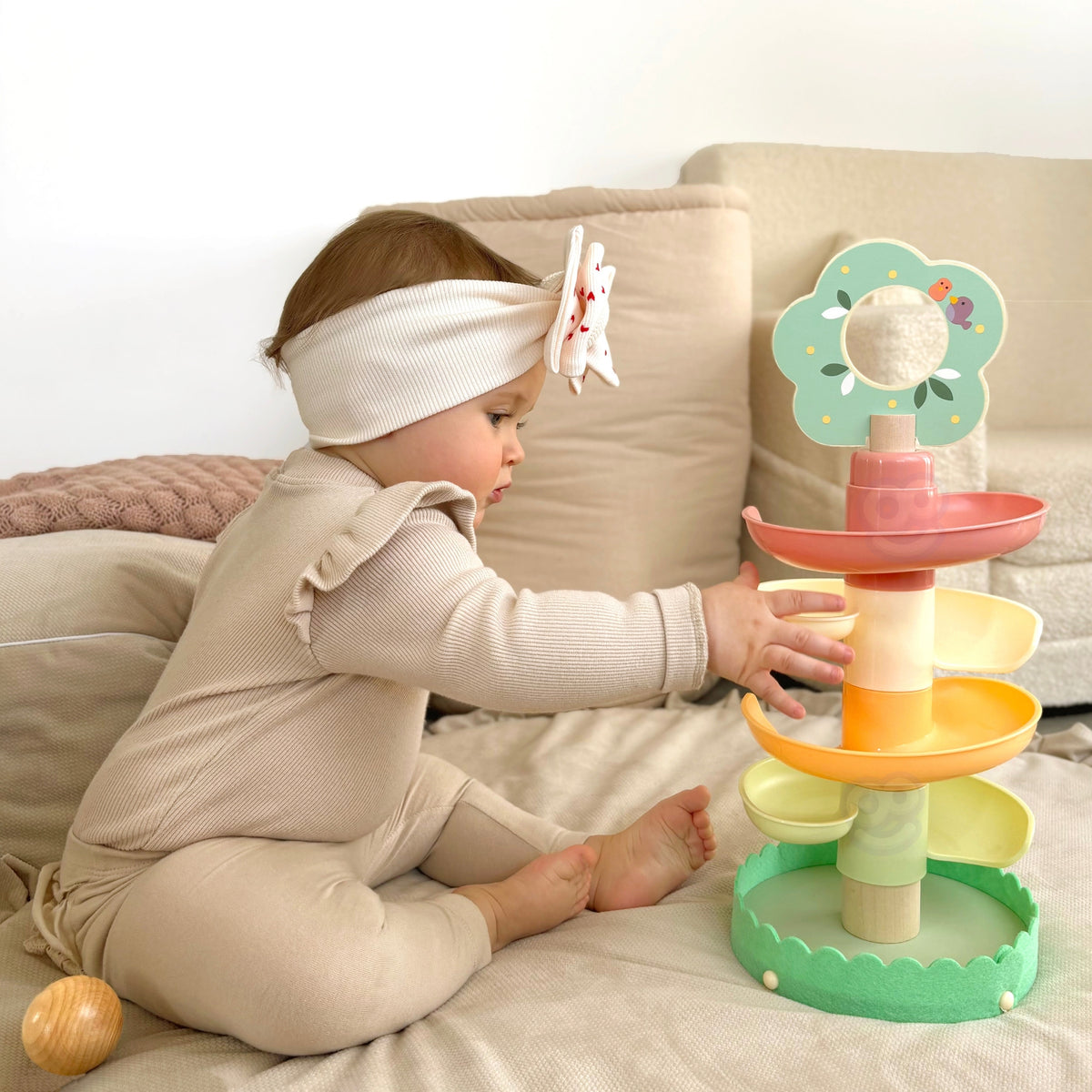 Wooden ball track – six colourful pieces stack into a tower