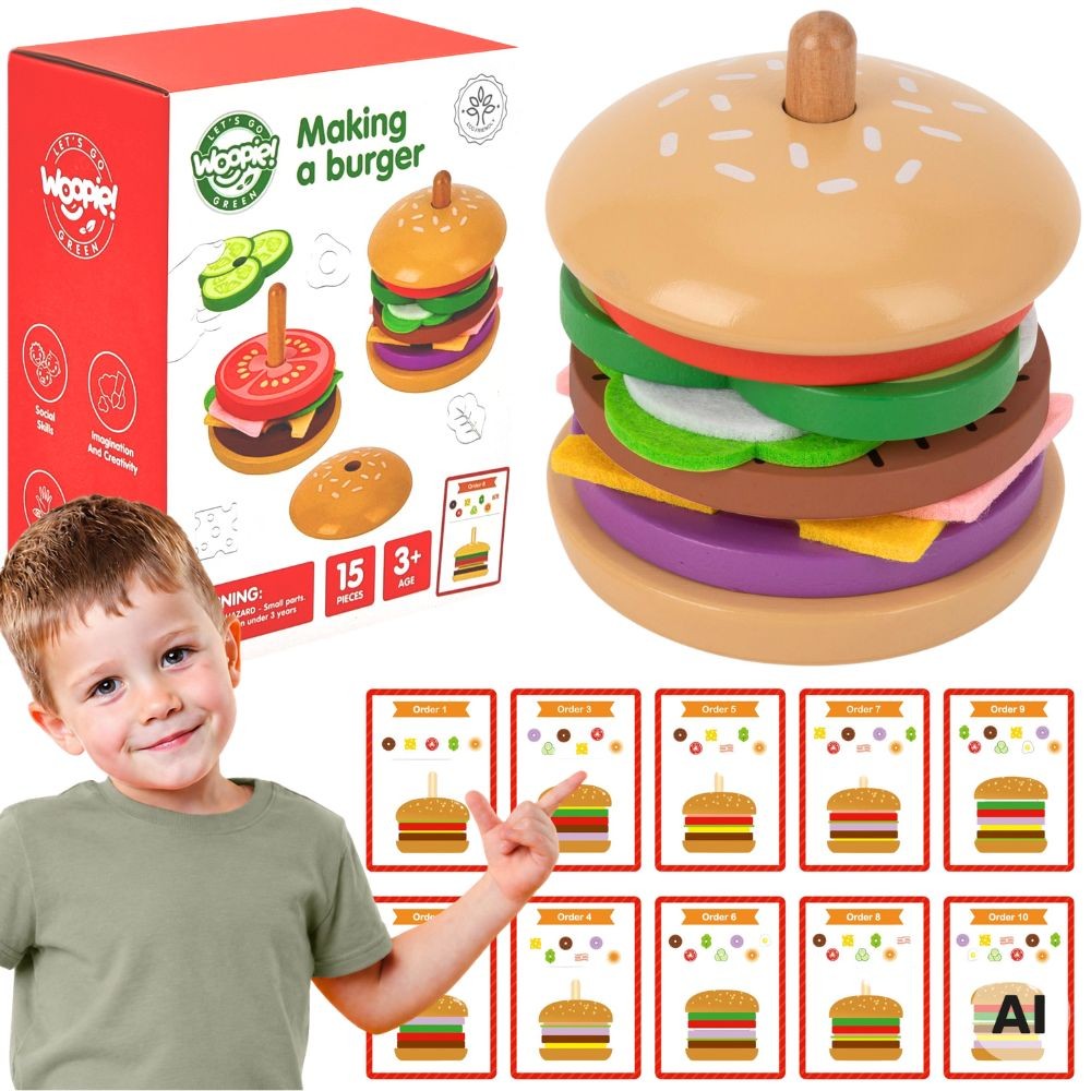 Woopie Green wooden burger stacking game with pattern cards