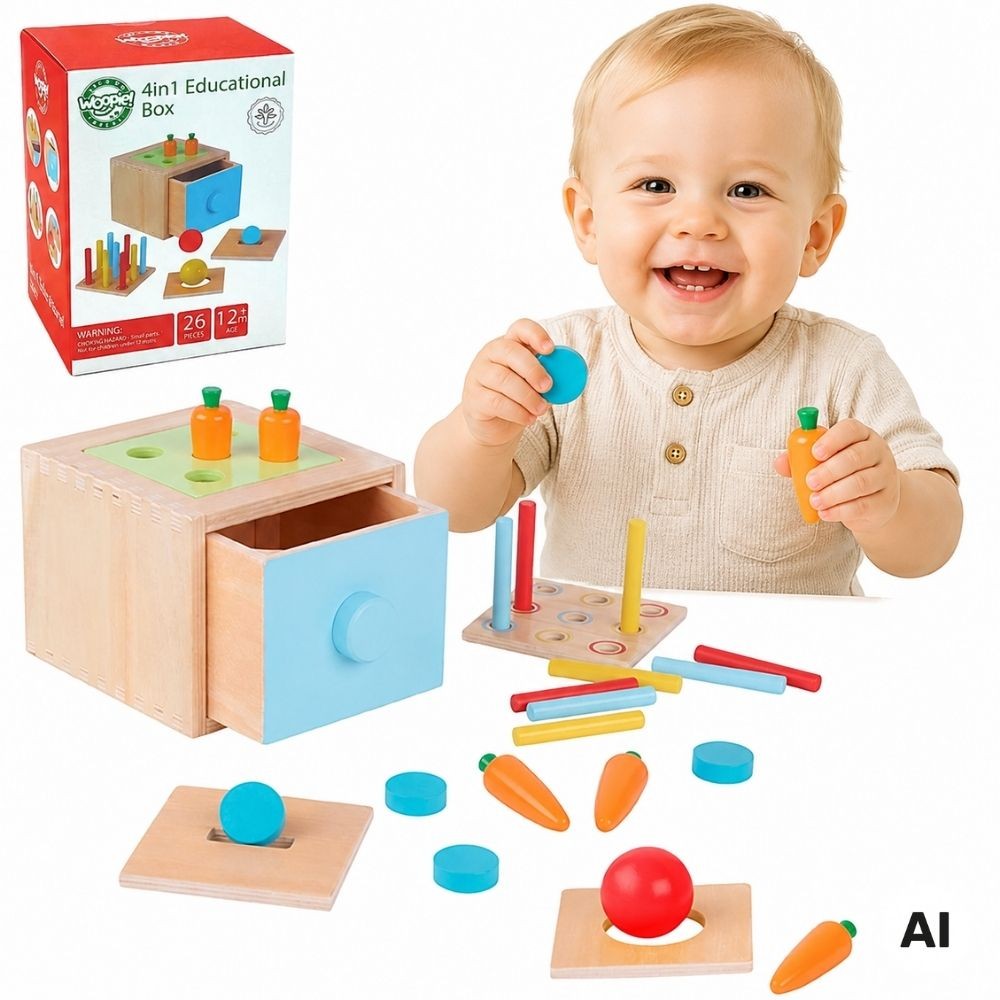 Woopie Green koka Montessori šķirotājs 4 in 1 ar izvelkamu atvilktni