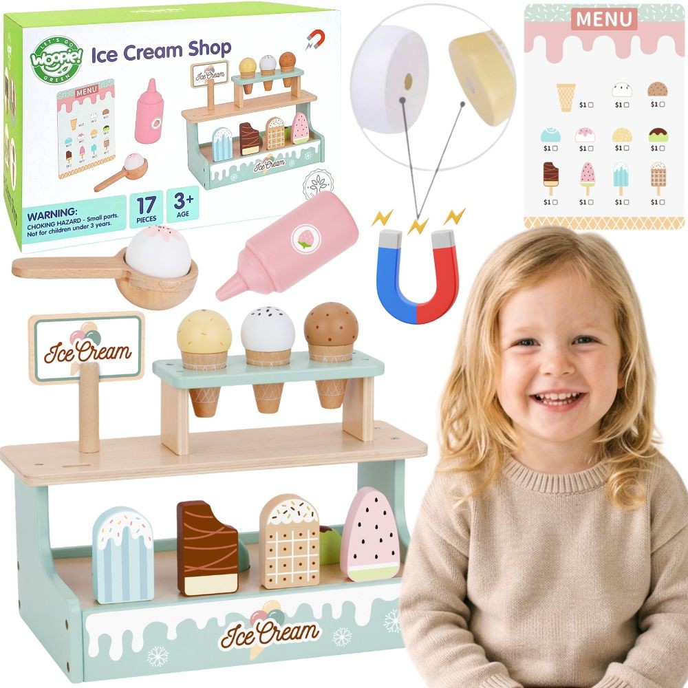 Woopie Green wooden ice cream stand play set, 16 pieces