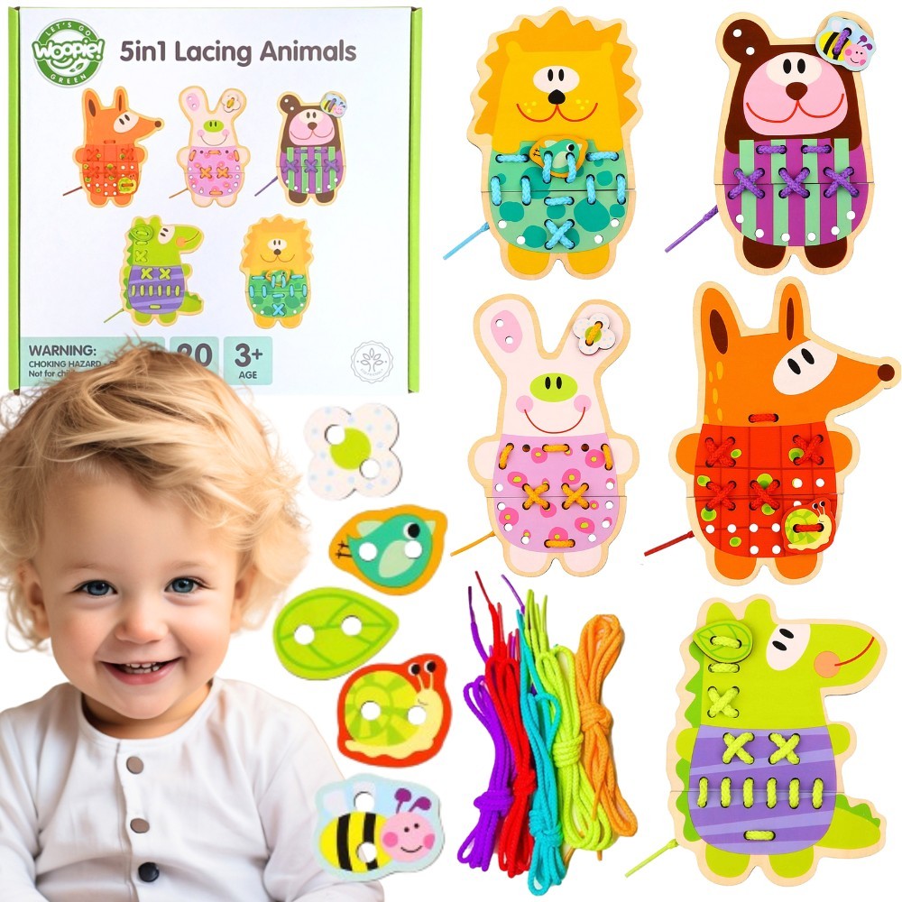 Woopie Green wooden lacing animals 5-in-1 for kids aged 3+