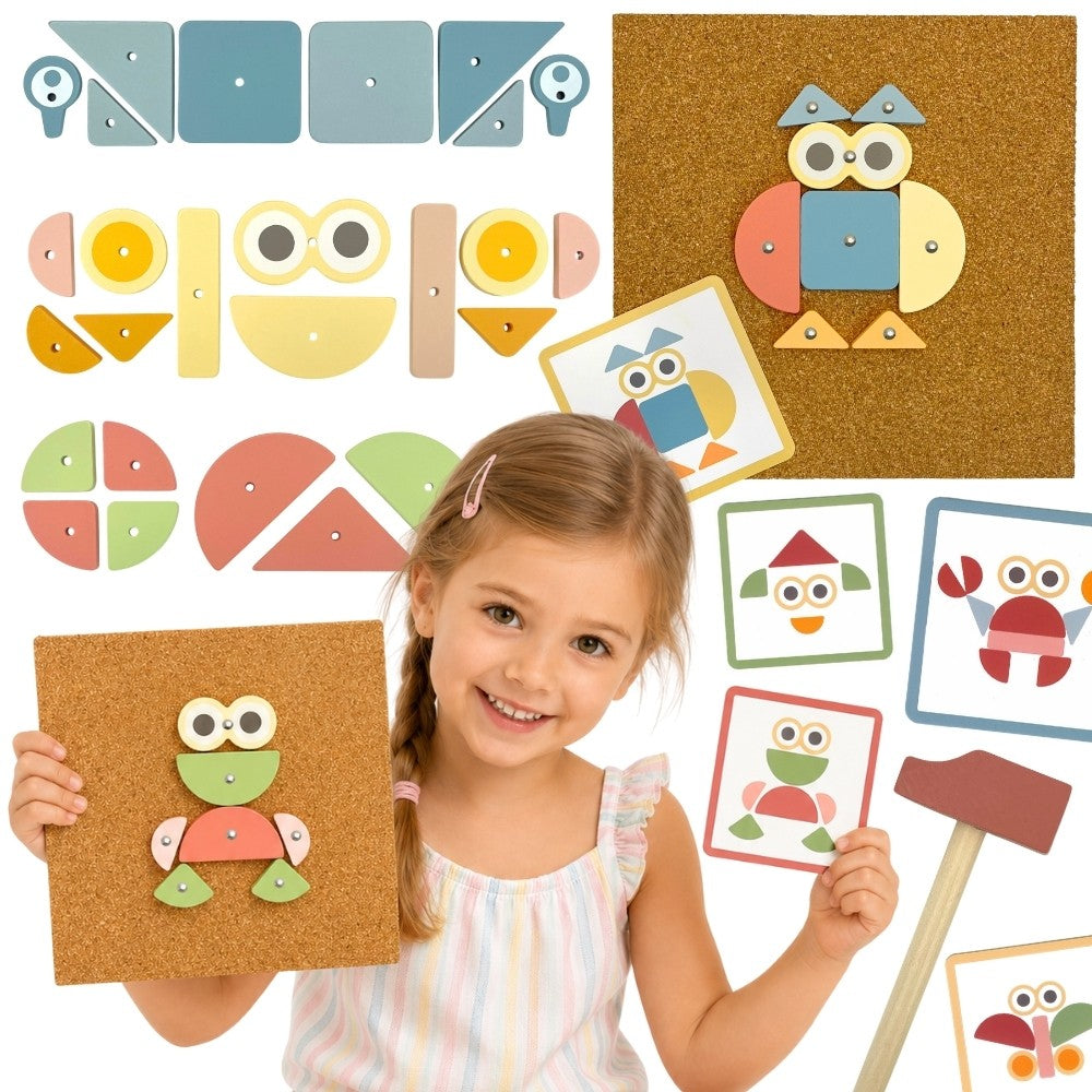 Woopie Green cork board hammer game with wooden shapes, 82 pieces
