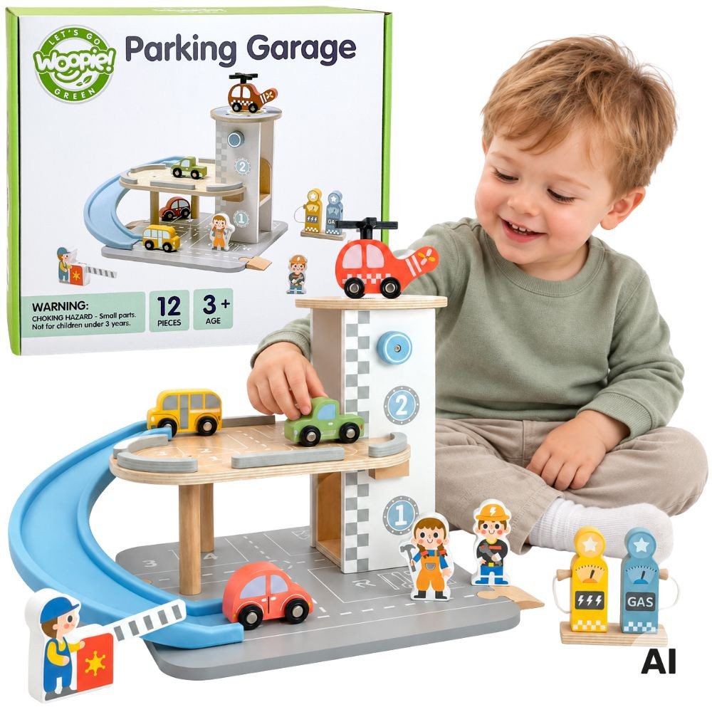 Woopie Green wooden two-level parking garage with petrol station