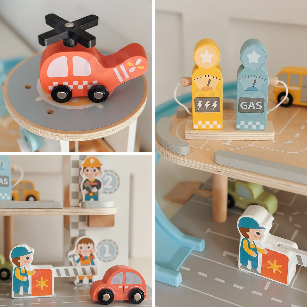 Wooden toy garage – three colourful wooden cars and worker figures