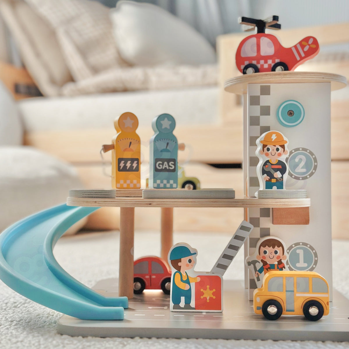 Wooden toy garage – petrol pump for role play, FSC wood