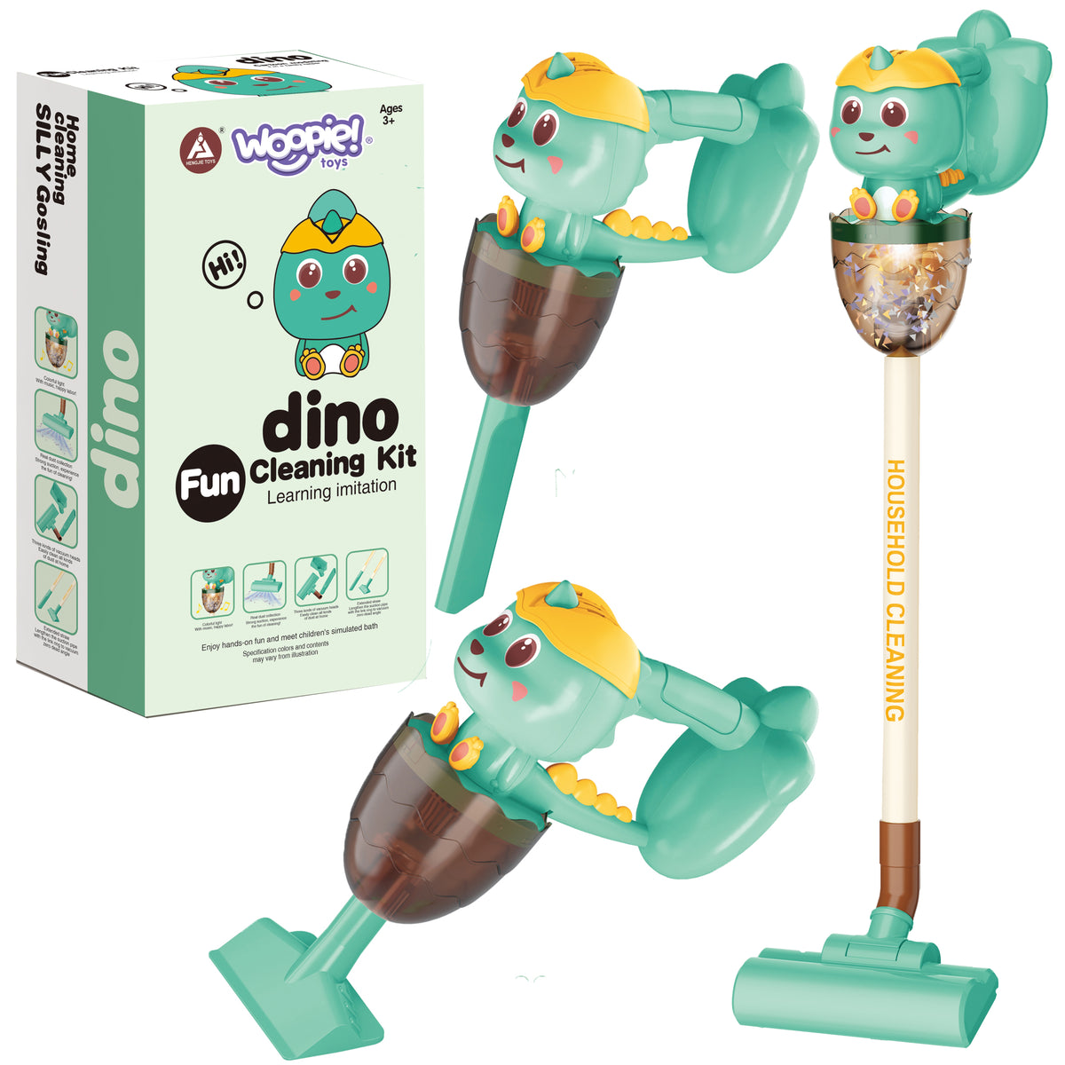 Woopie Dino 3in1 rotaļu putekļsūcējs ar īstu sūkšanu