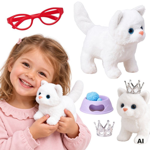 Woopie Interactive Kitten Plush with Crown, Glasses and Bowl