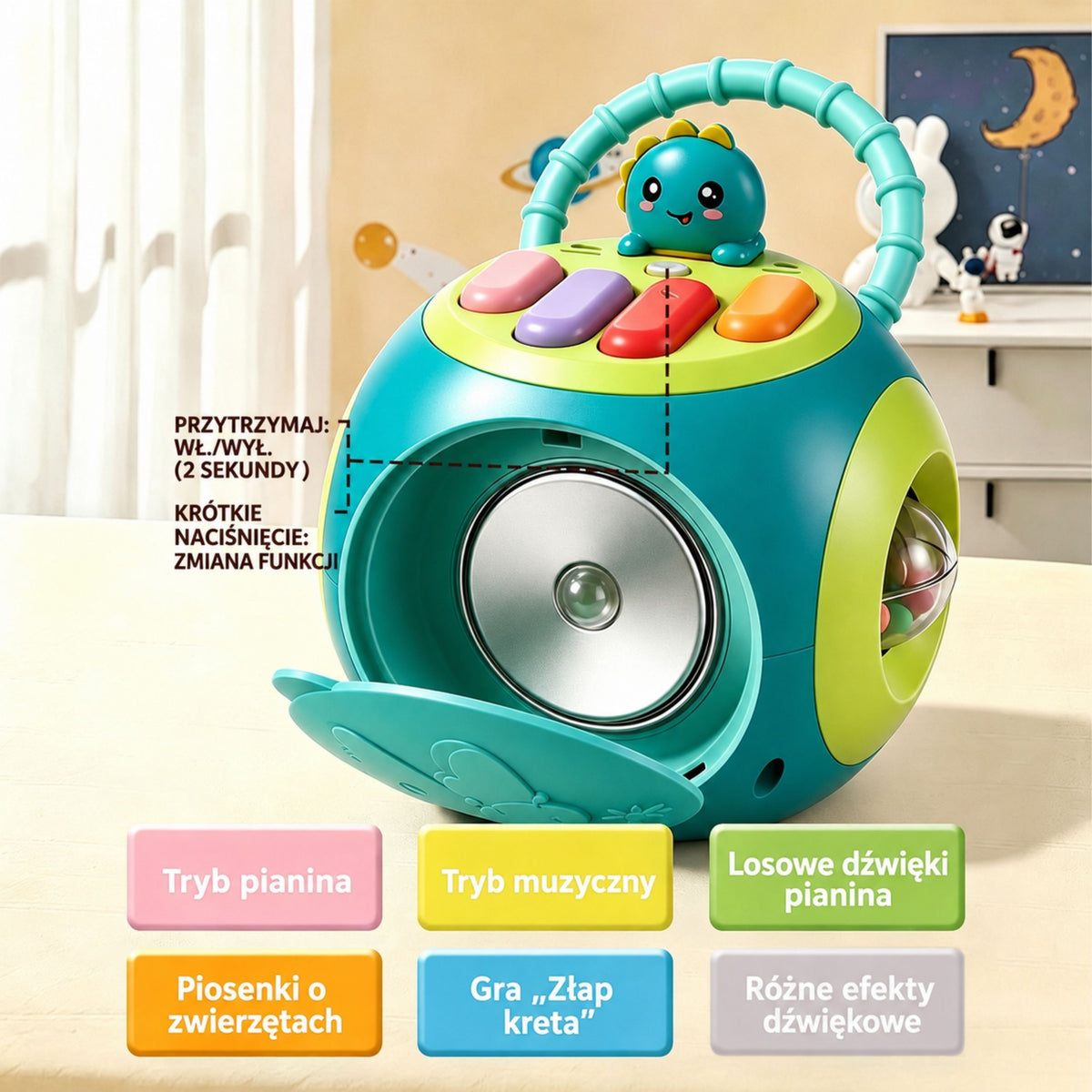 Multicoloured busy ball with light-up piano keys