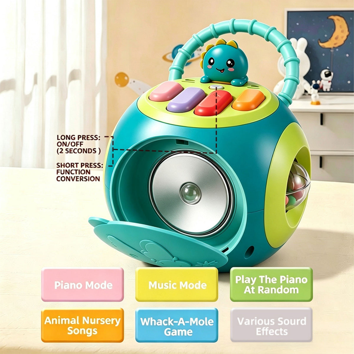 Toddler carrying the busy ball by its handle