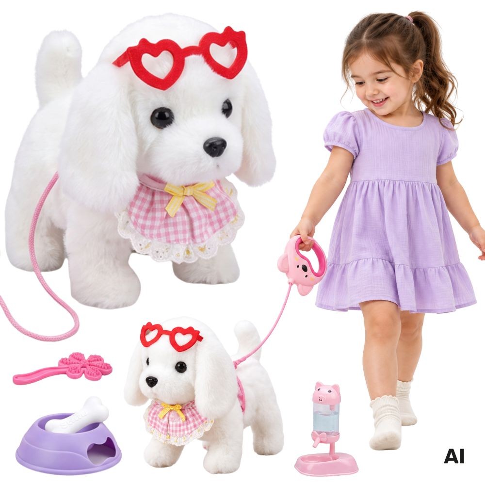 Woopie White Plush Puppy on a Leash with Care Set