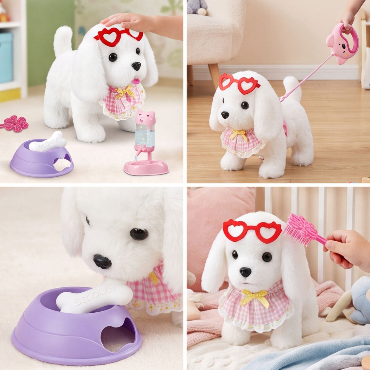 Woopie white puppy on a leash – bowl and bone