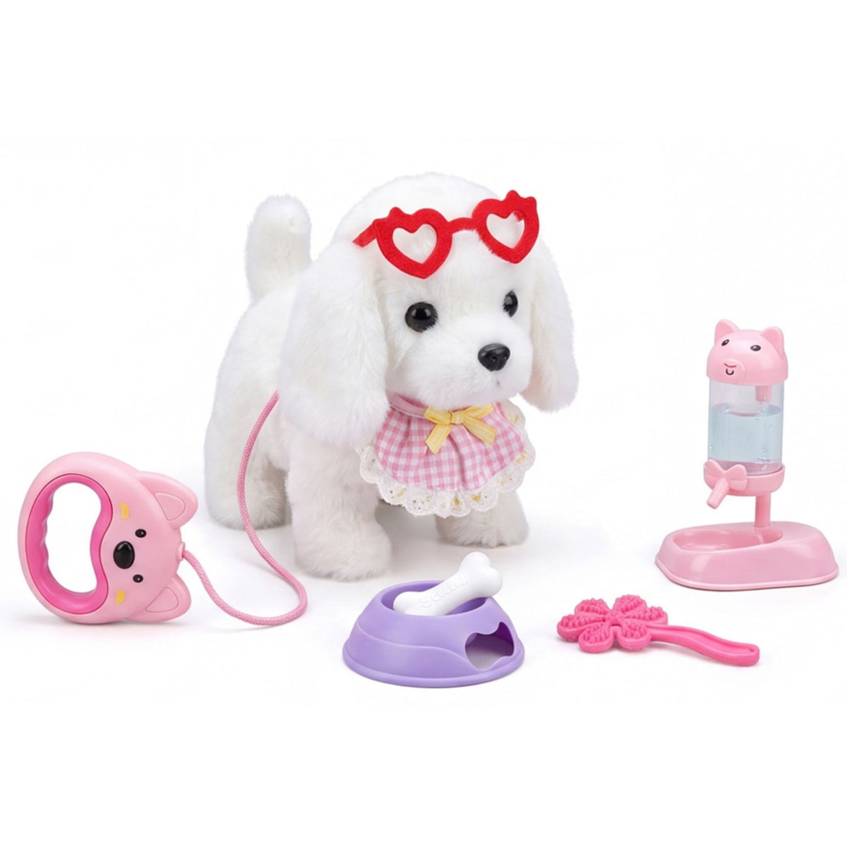 Woopie white puppy on a leash – glasses and bib