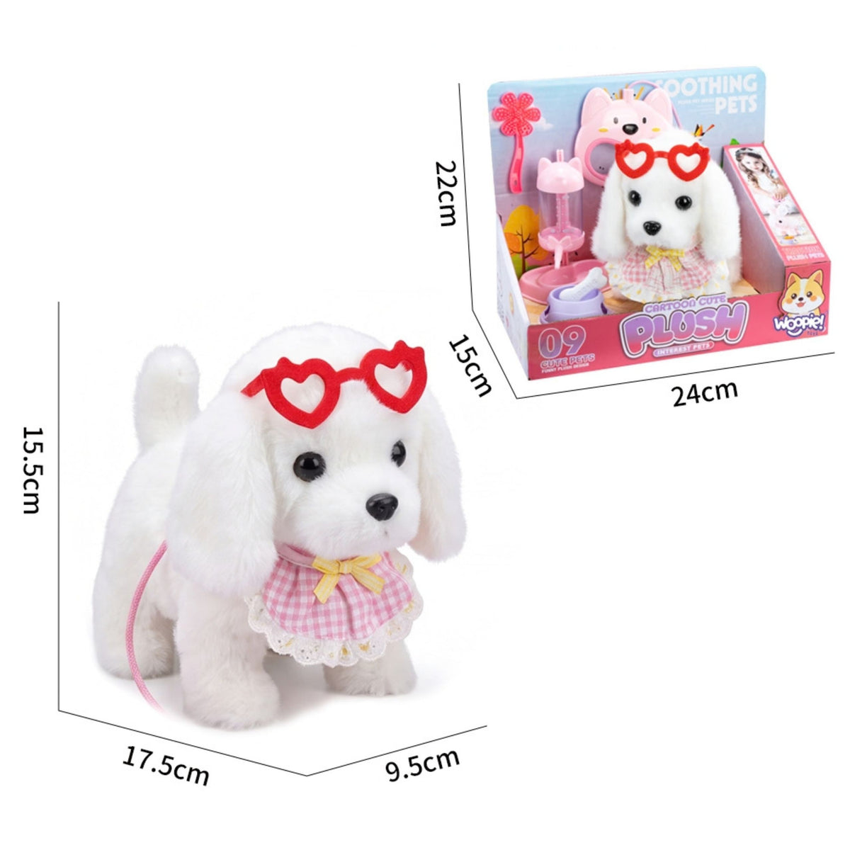 Woopie white puppy on a leash – grooming brush