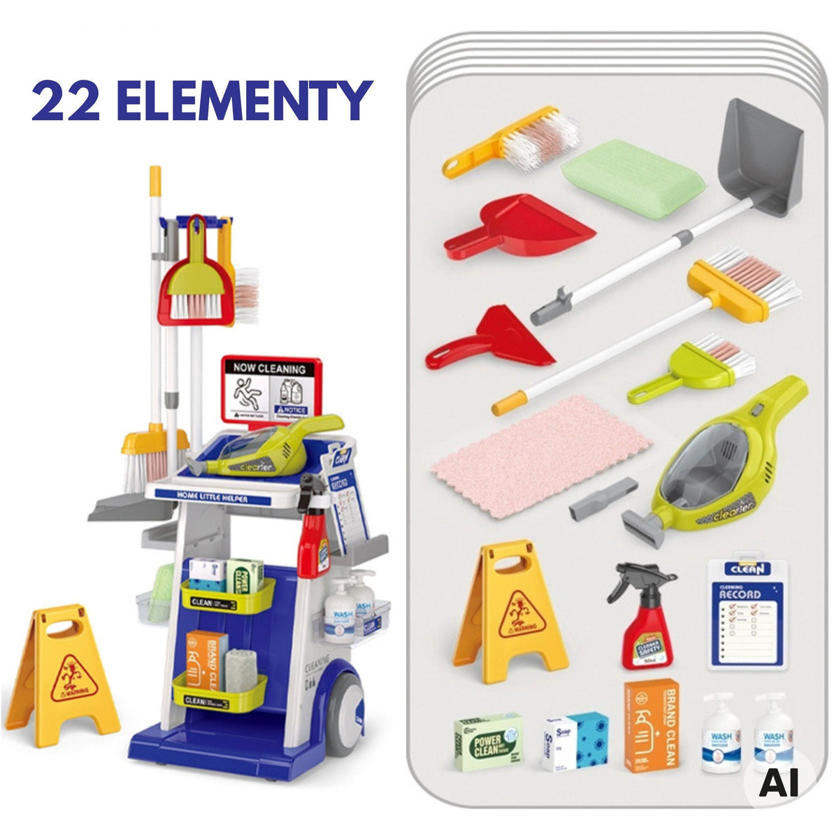 Child cleaning the floor with the toy cleaning trolley