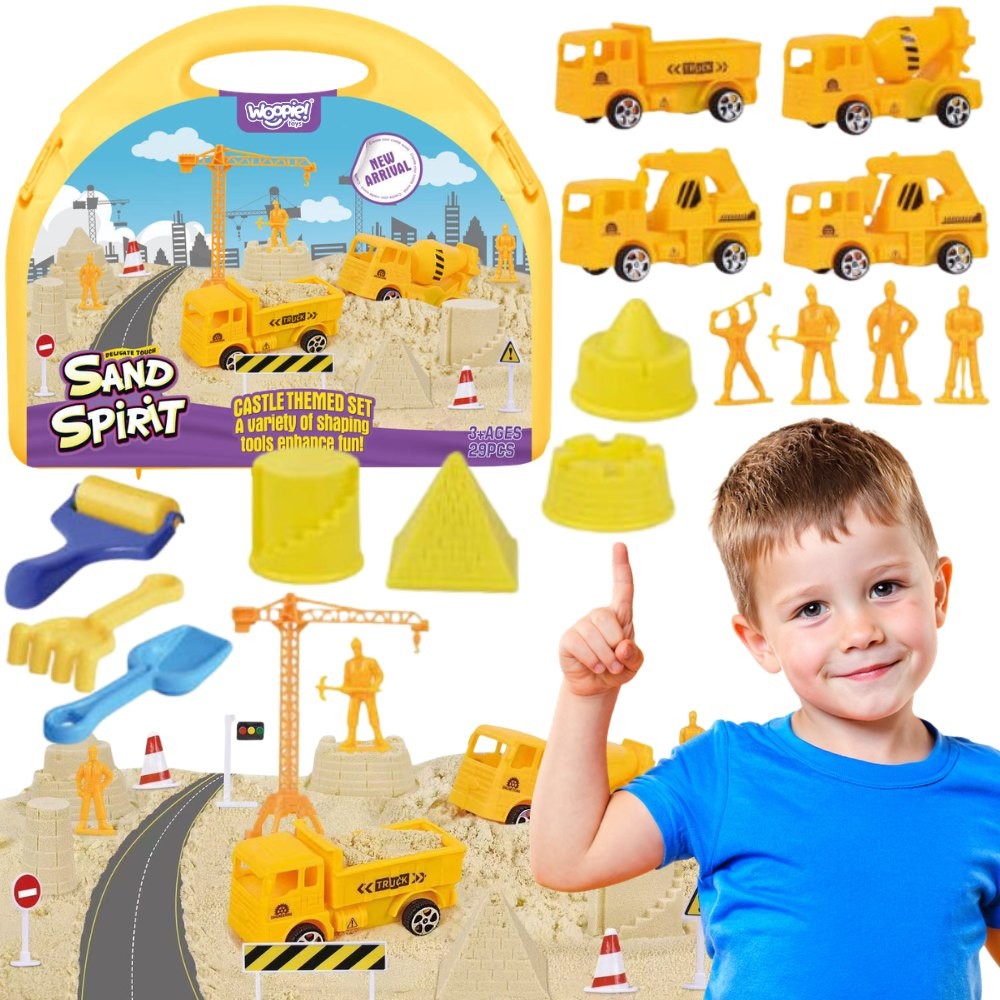 Woopie kinetic sand construction site in a case with vehicles