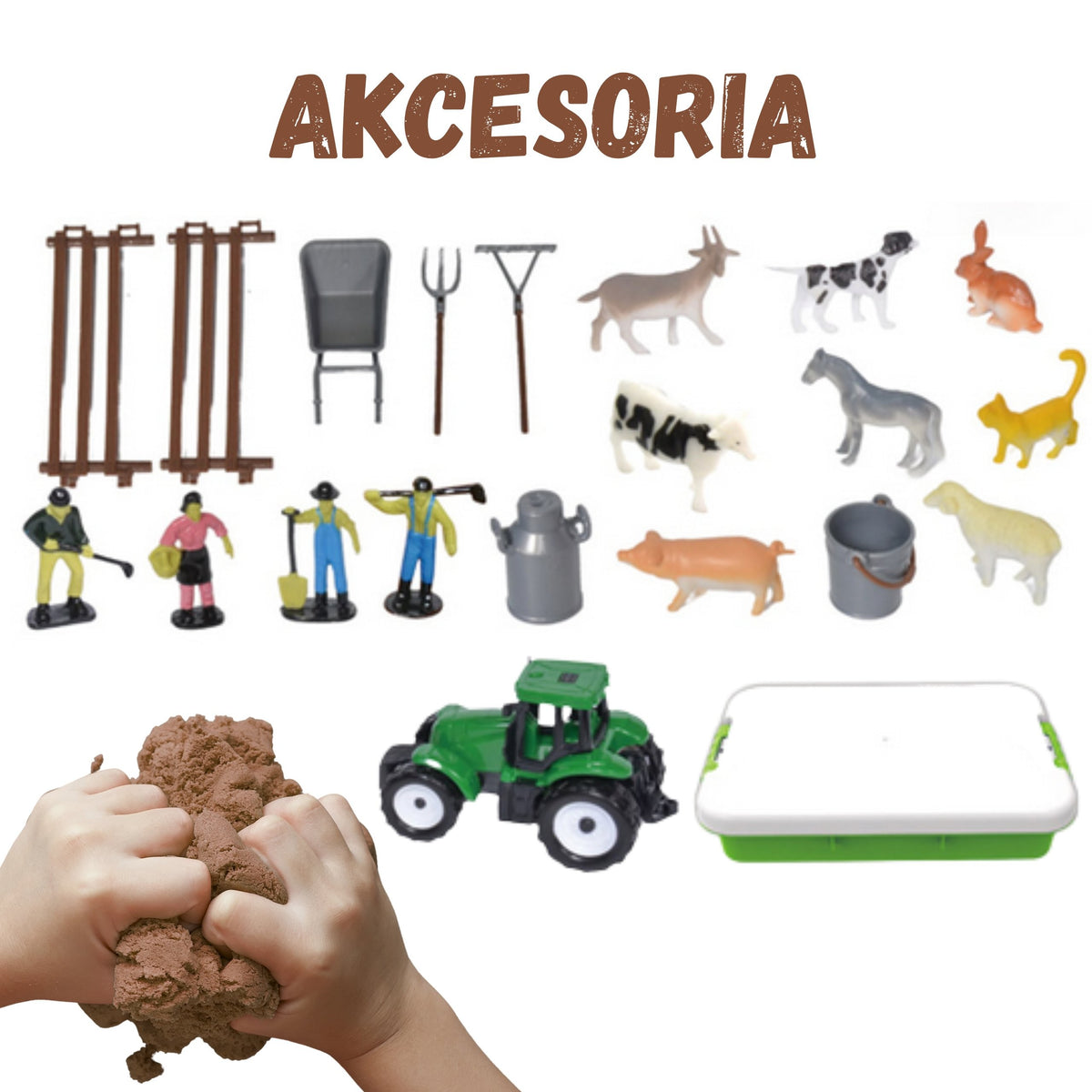 Kinētisko smilšu ferma – traktors, zemnieki un ķerra