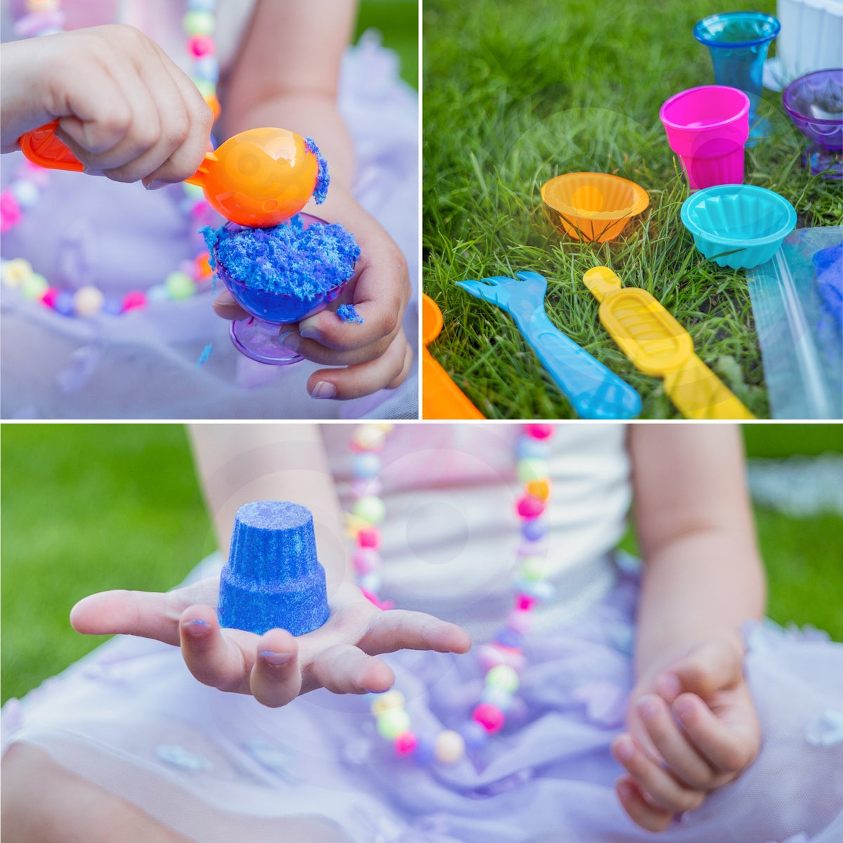 Child shaping sand desserts with the scoop and knife
