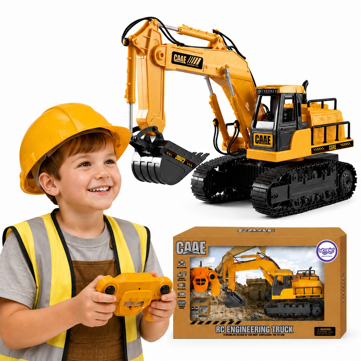 Woopie Large RC Excavator on Tracks, 7 Functions, with Cones