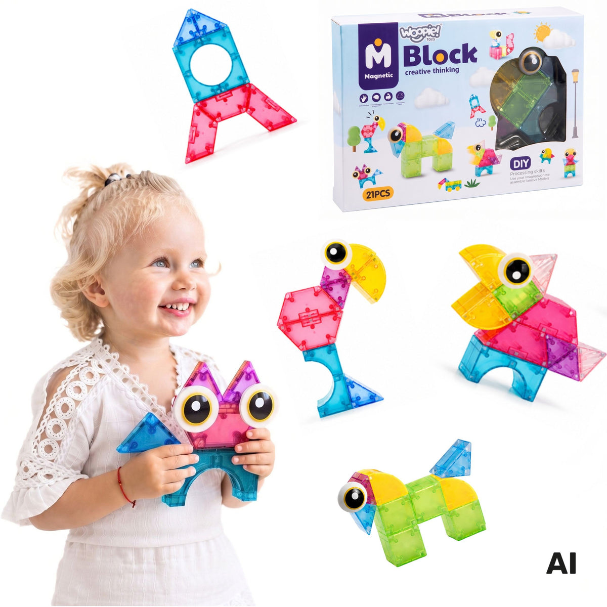 Woopie magnetic building blocks with moving eyes, 21 pieces