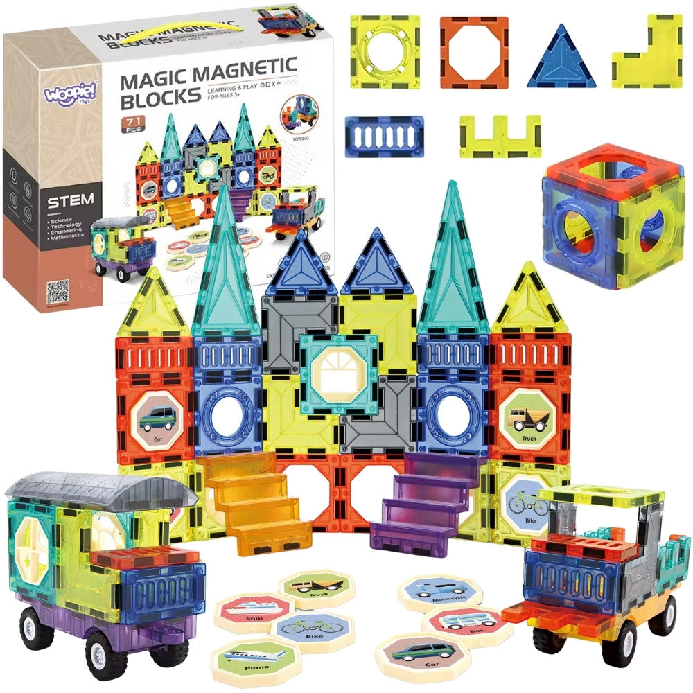 Woopie magnetic tiles castles and vehicles set, 71 pieces