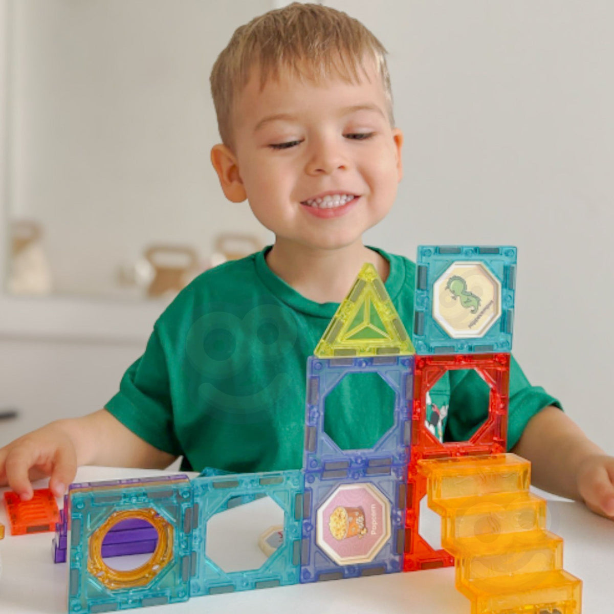 Castle with towers built from clear magnetic tiles