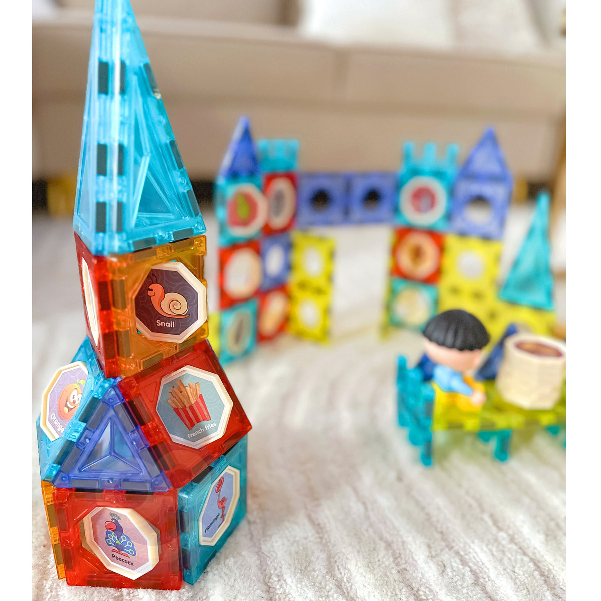 Orange octagons, green and blue magnetic tiles
