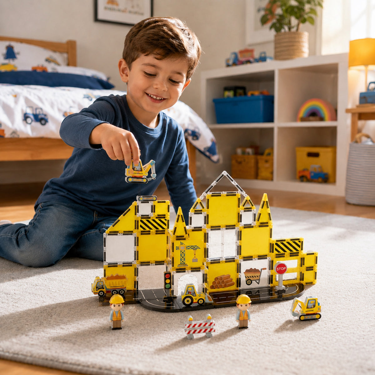 Yellow and white magnetic tiles with warning stripes