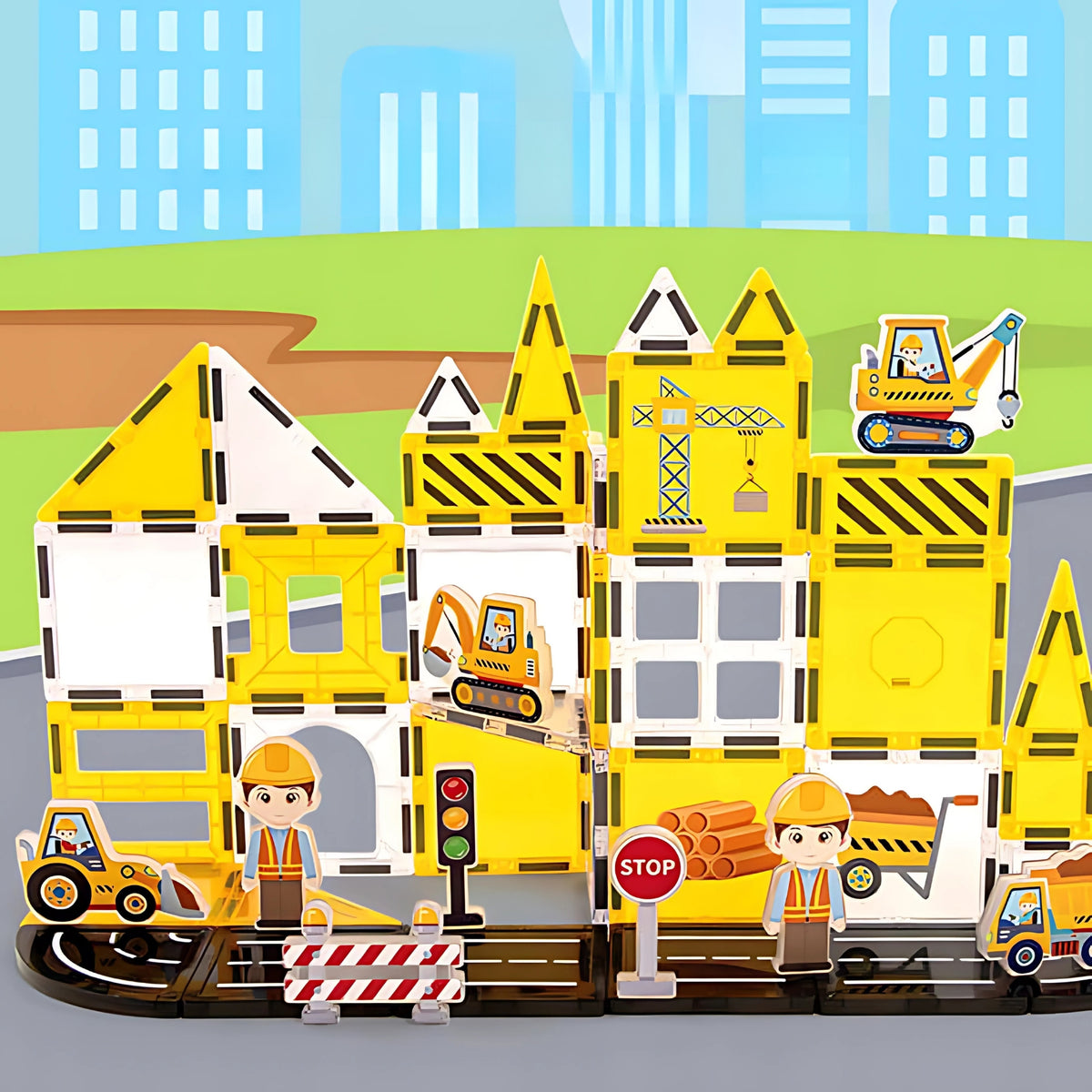 Building site built from 7.5 cm magnetic tiles