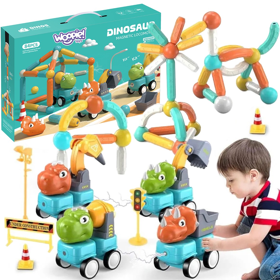 Woopie magnetic sticks building set with dinosaur vehicles, 84 pieces