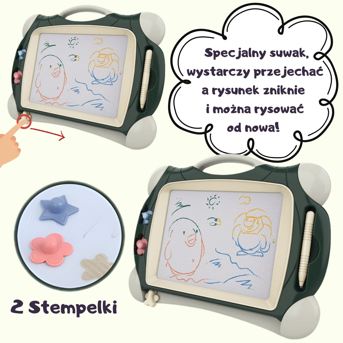 Woopie zaļā magnētiskā tāfelīte – divi zīmogi