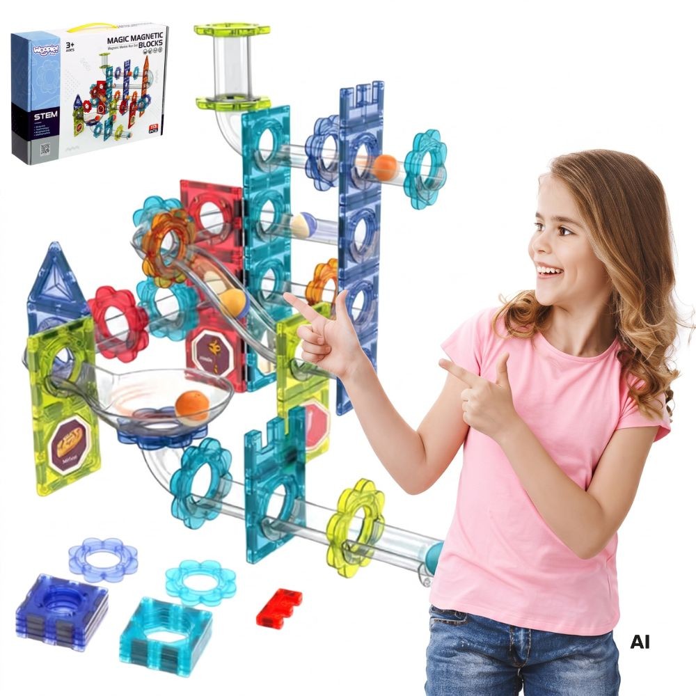 Woopie magnetic blocks marble run set with funnels, 113 pieces