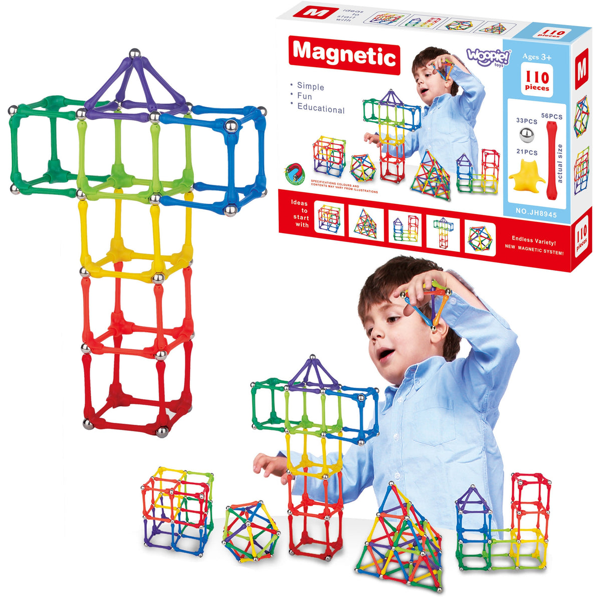 Woopie magnetic sticks and balls construction set, 110 pieces