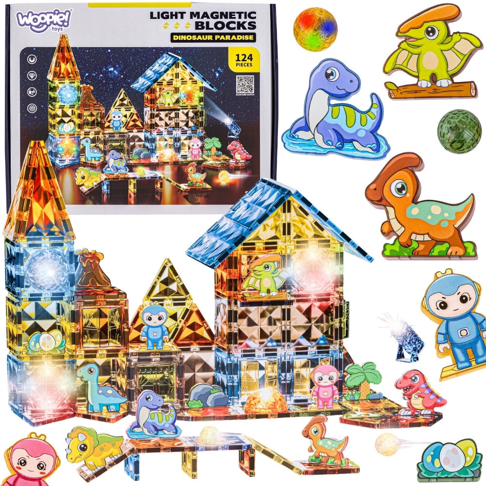 Woopie Glowing Magnetic Tiles Dinosaur Park, 124 pcs