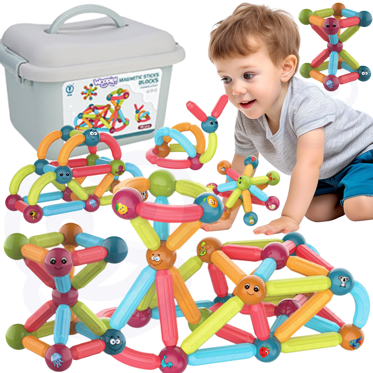 Woopie Magnetic Sticks with Picture Balls in a Tub, 76 pcs
