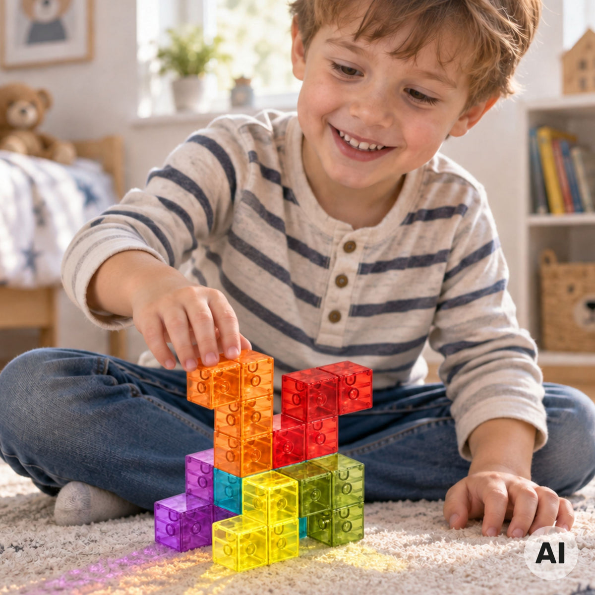 Clear magnetic blocks joined into a flat square