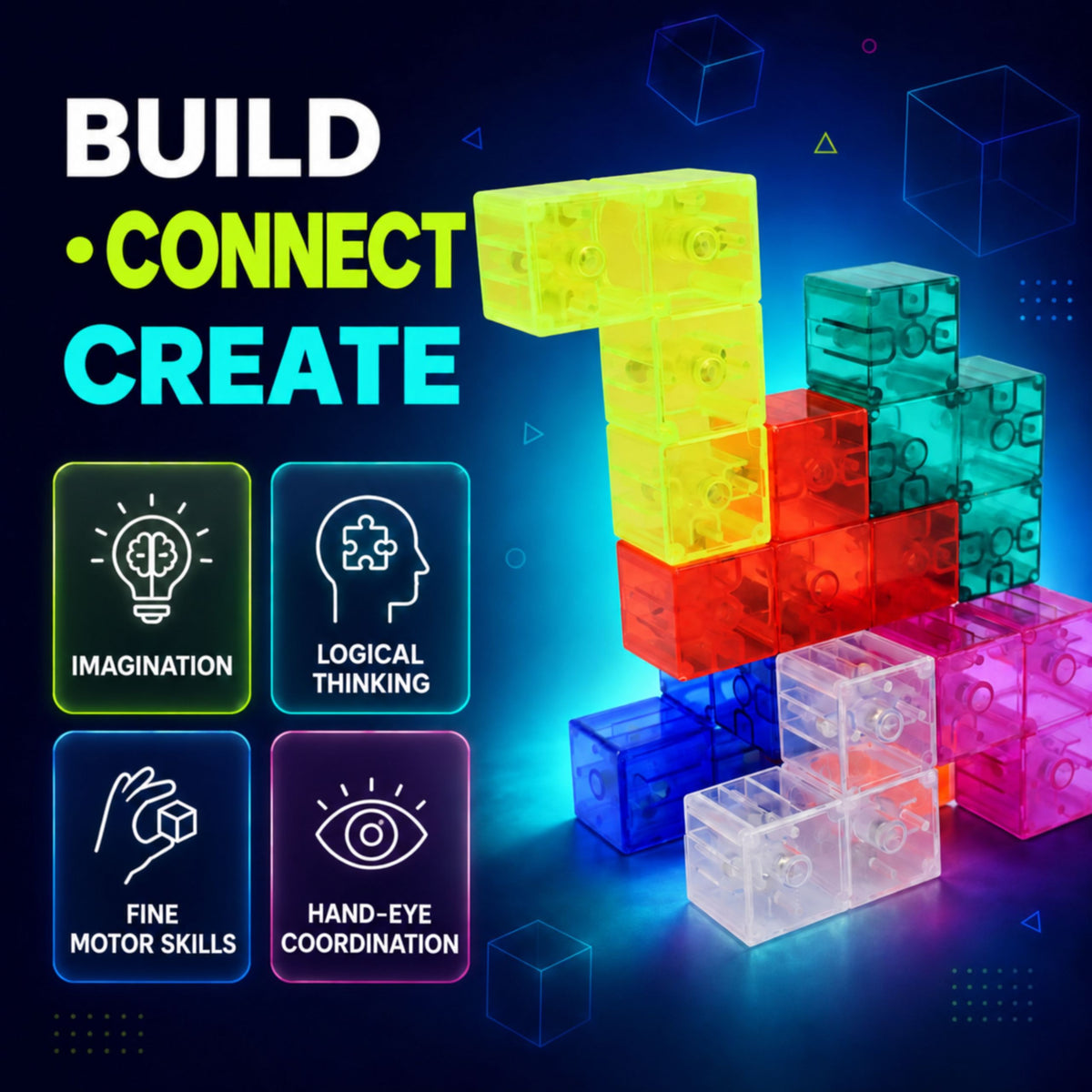 Child building with clear magnetic puzzle blocks