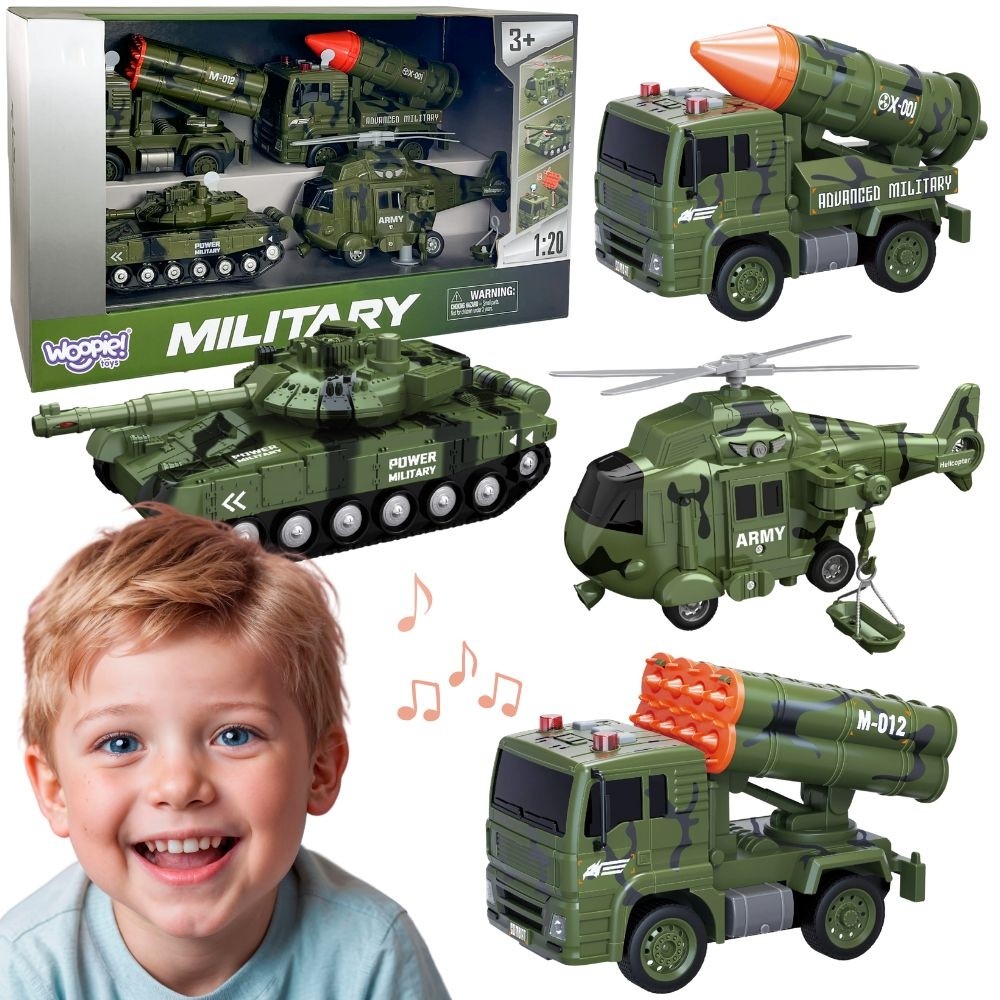 Woopie Military Vehicle Set 1:20: Tank, Helicopter, 2 Trucks