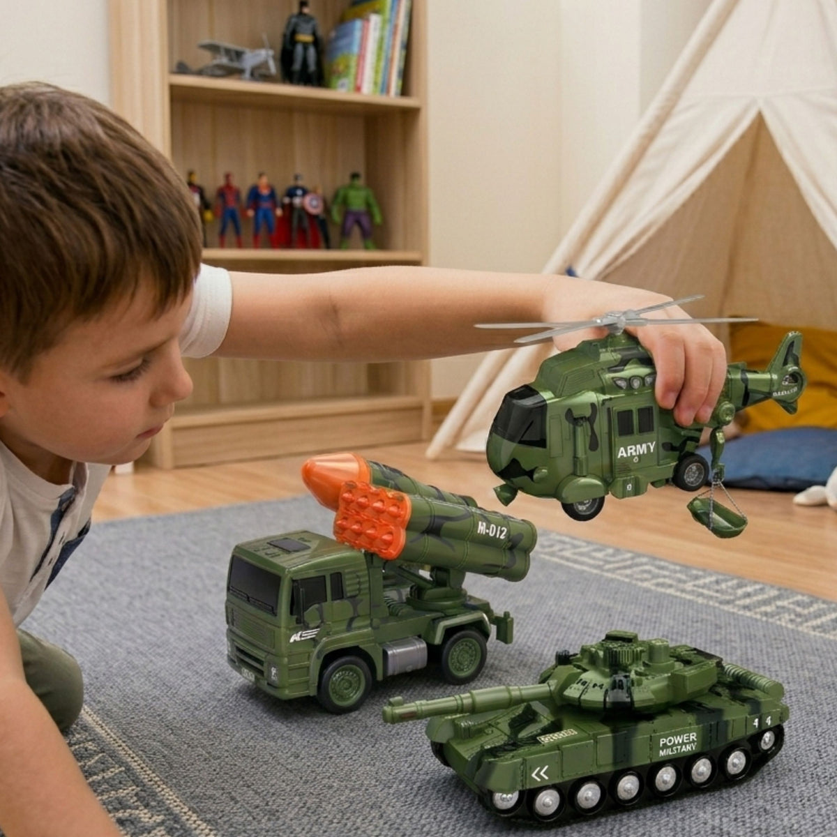 Woopie military vehicle set – helicopter with hook and stretcher