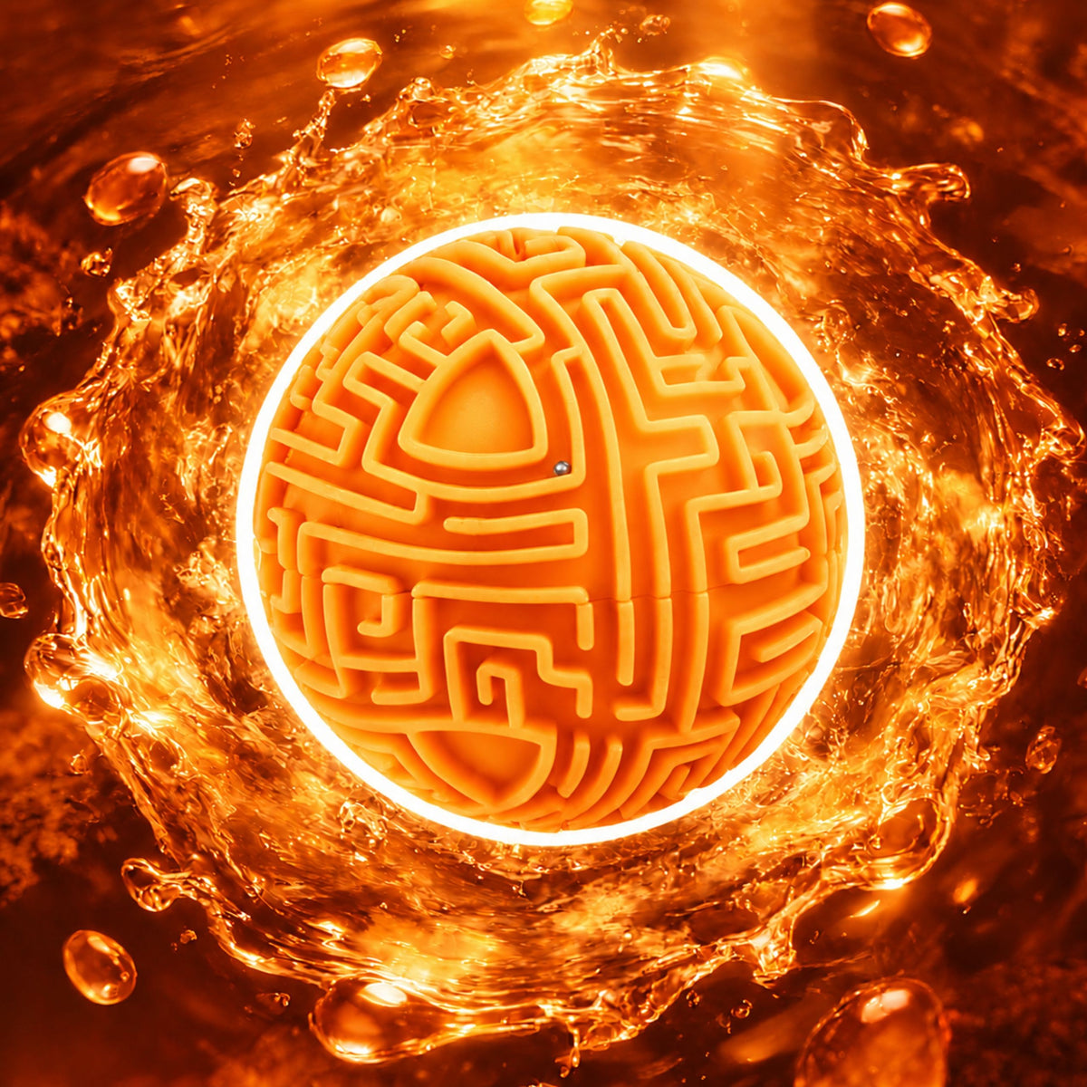Orange 3D maze sphere – tunnels and steps inside